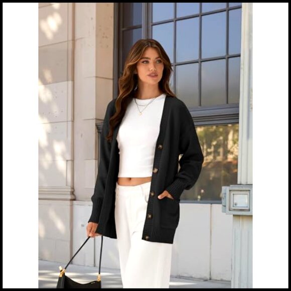 Chunky Cotton Acrylic Cardigan, V-Neck Button Down, Long Sleeve Fall Sweater - Picture 2 of 7